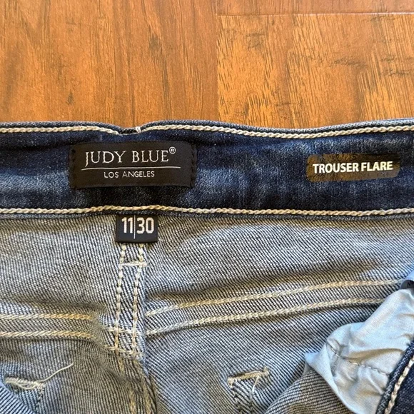 Judy Blue Distressed Denim, Button Fly, High Stretch, Flare Jeans, 32” Inseam - Picture 5 of 6